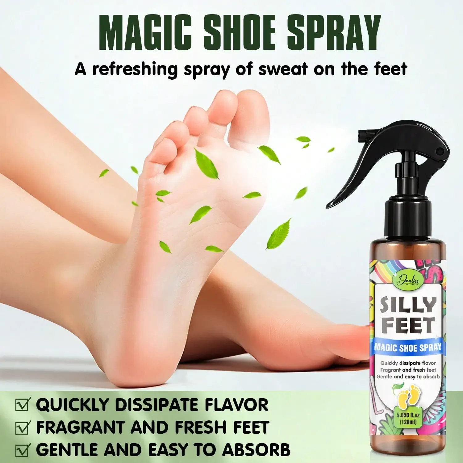 Spray désodorisant en utilisation sur des chaussures