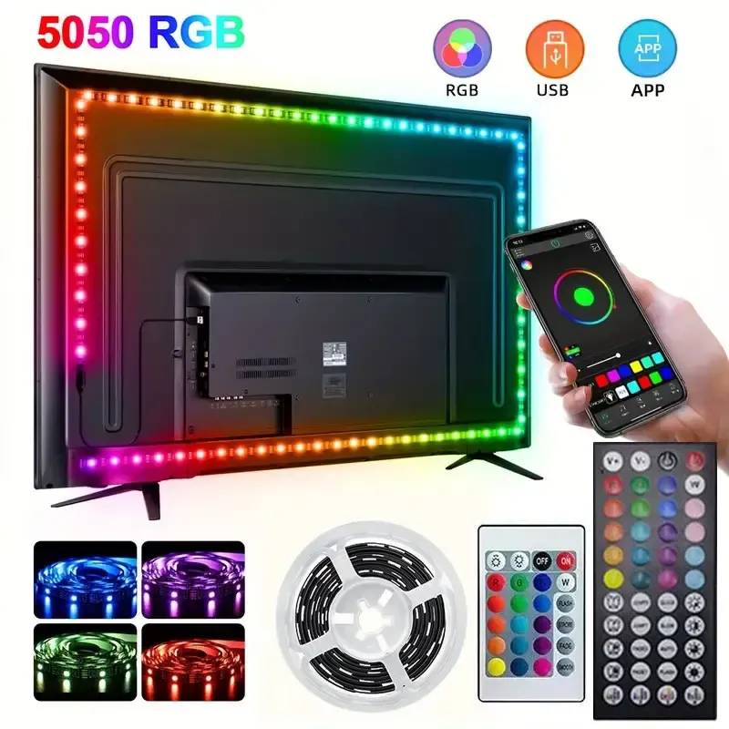 Bande LED intelligente RGB 5050 USB 5V avec Bluetooth, contrôlable par application et télécommande, ruban LED flexible pour rétroéclairage de TV et décoration de fête 1
