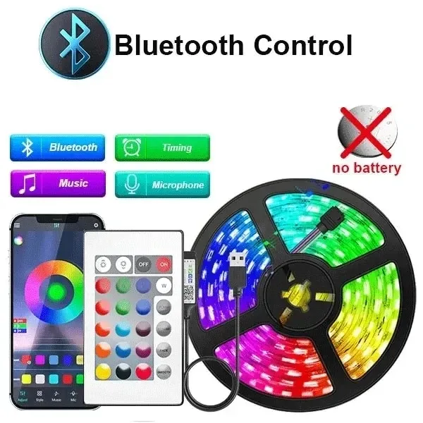 Bande LED intelligente RGB 5050 USB 5V avec Bluetooth, contrôlable par application et télécommande, ruban LED flexible pour rétroéclairage de TV et décoration de fête 8