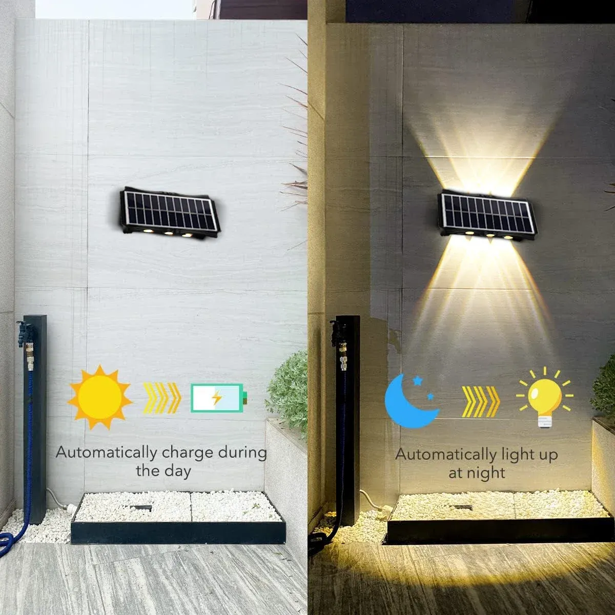 Applique solaire d'extérieur à lumière chaude, étanche, éclairage haut et bas, idéale pour balcon, cour, jardin et décoration murale 4