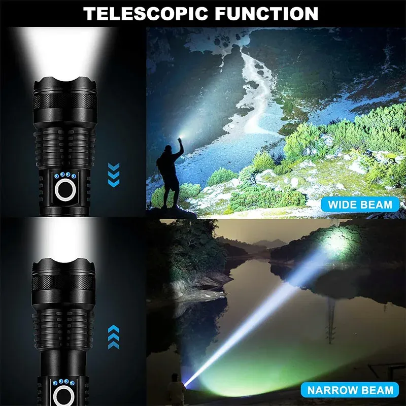 Lampe de poche tactique LED rechargeable en alliage d'aluminium à zoom télescopique pour le camping et la pêche 3