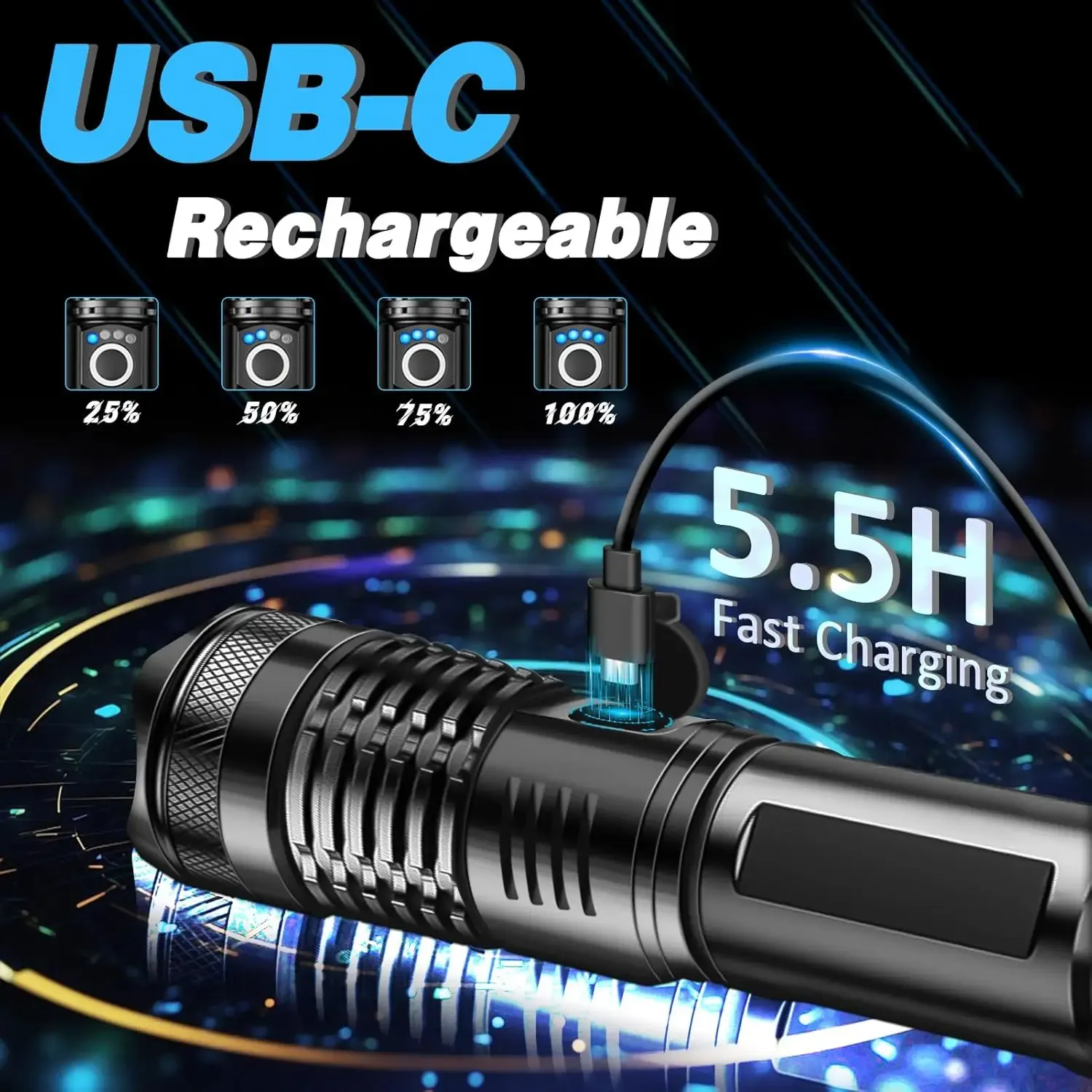 Lampe de poche tactique LED rechargeable en alliage d'aluminium à zoom télescopique pour le camping et la pêche 4
