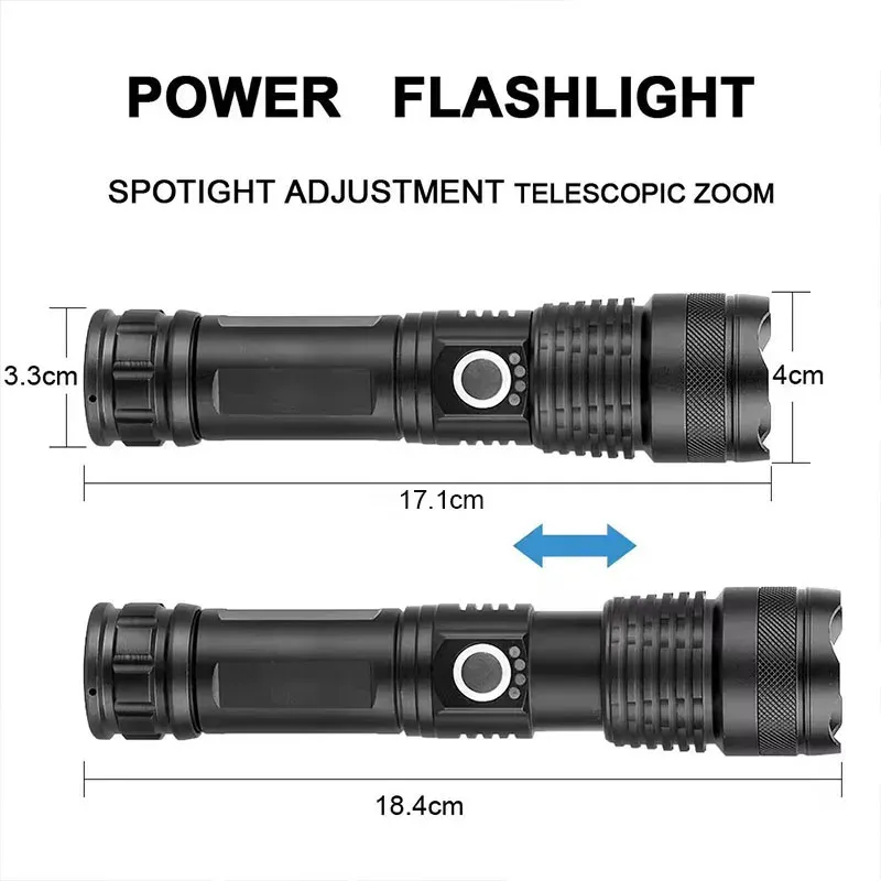 Lampe de poche tactique LED rechargeable en alliage d'aluminium à zoom télescopique pour le camping et la pêche 6