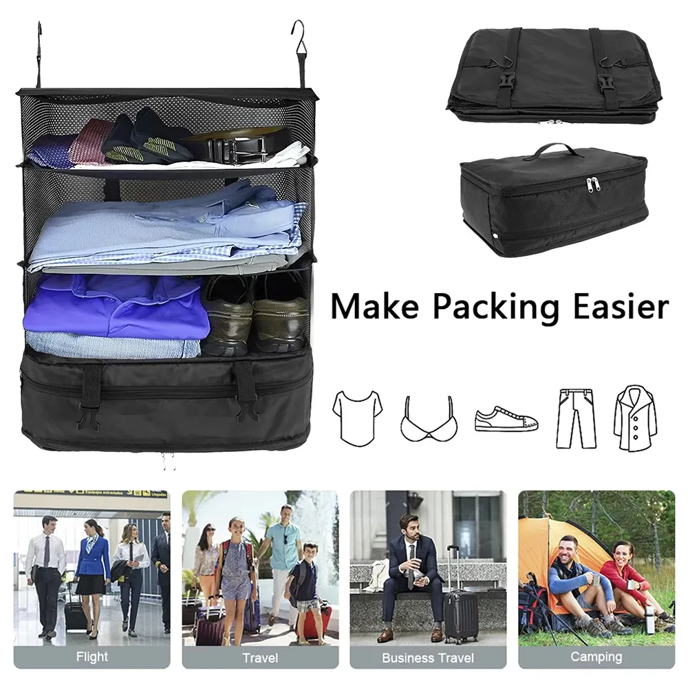 Organisateur de voyage suspendu pliable à 3 couches – Sac de rangement multifonctionnel pour vêtements et articles de toilette 3