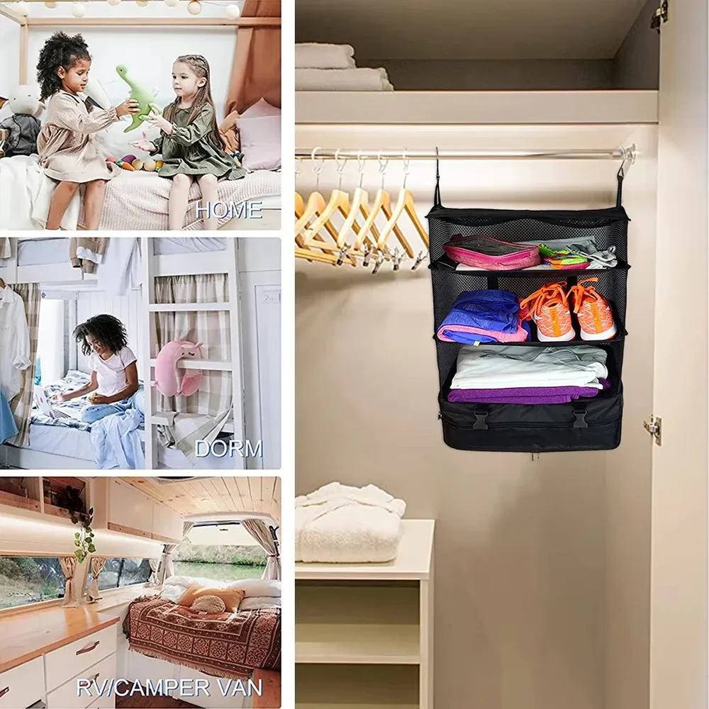 Organisateur de voyage suspendu pliable à 3 couches – Sac de rangement multifonctionnel pour vêtements et articles de toilette 4