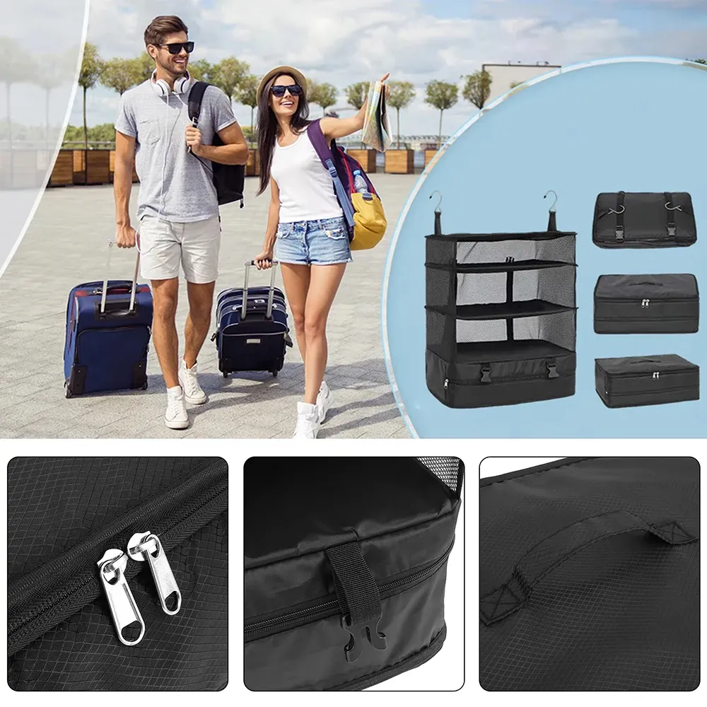 Organisateur de voyage suspendu pliable à 3 couches – Sac de rangement multifonctionnel pour vêtements et articles de toilette 6