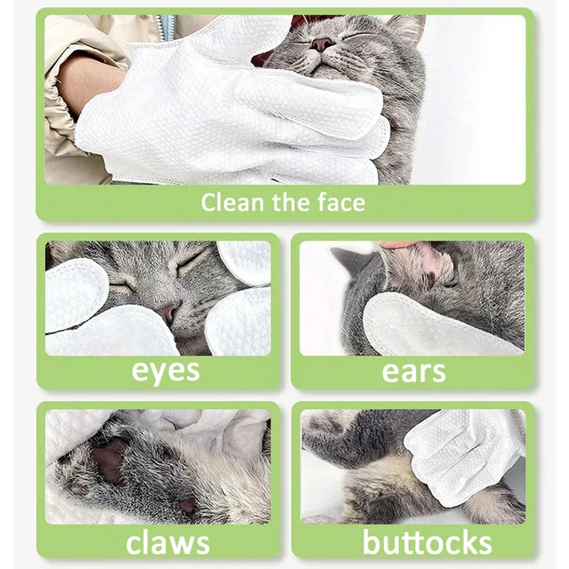Gants de nettoyage sans rinçage pour animaux de compagnie, lingettes désodorisantes pour chiens et chats, lot de 6 6