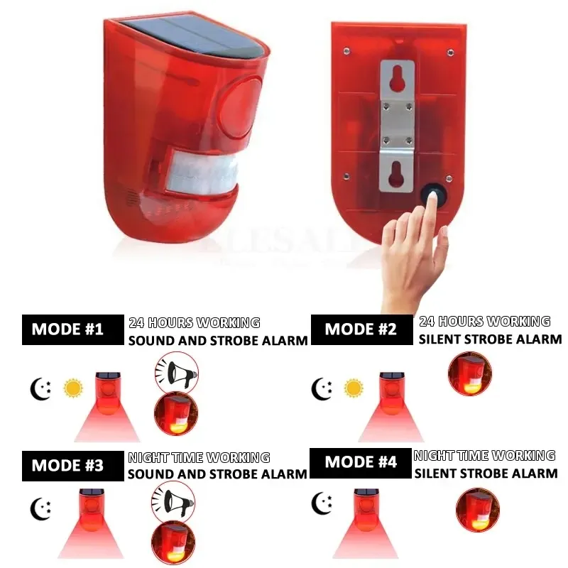 Détecteur de mouvement infrarouge solaire avec sirène et stroboscope 110 dB, système d'alarme de sécurité pour maison et jardin 2