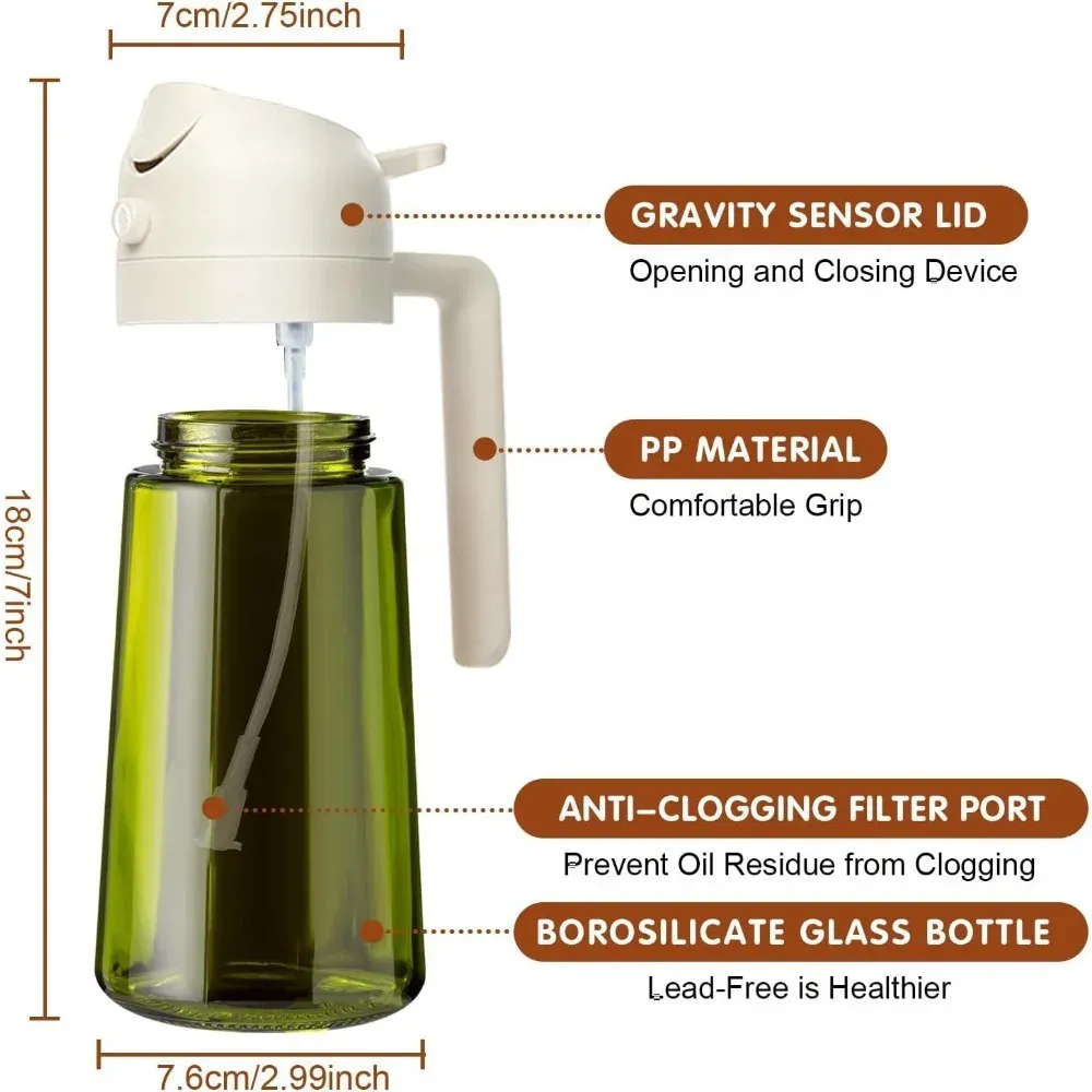 Pulvérisateur d'huile en verre ambré 470 ml, distributeur d'huile d'olive anti-lumière 18