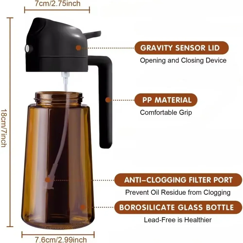 Pulvérisateur d'huile en verre ambré 470 ml, distributeur d'huile d'olive anti-lumière 16