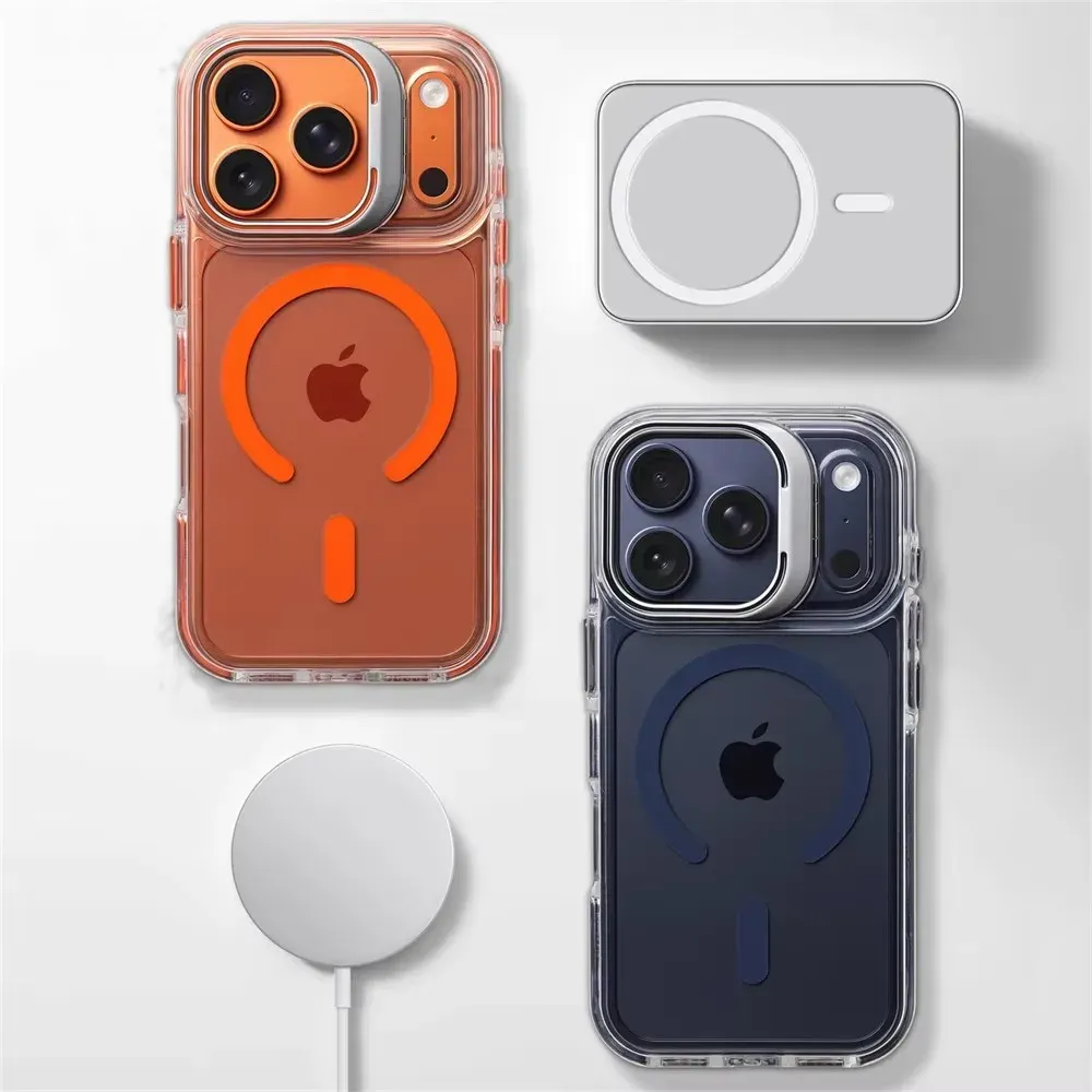 Coque transparente antichoc magnétique compatible MagSafe pour iPhone 12 à 17 Pro Max, avec protection d'objectif et support 5