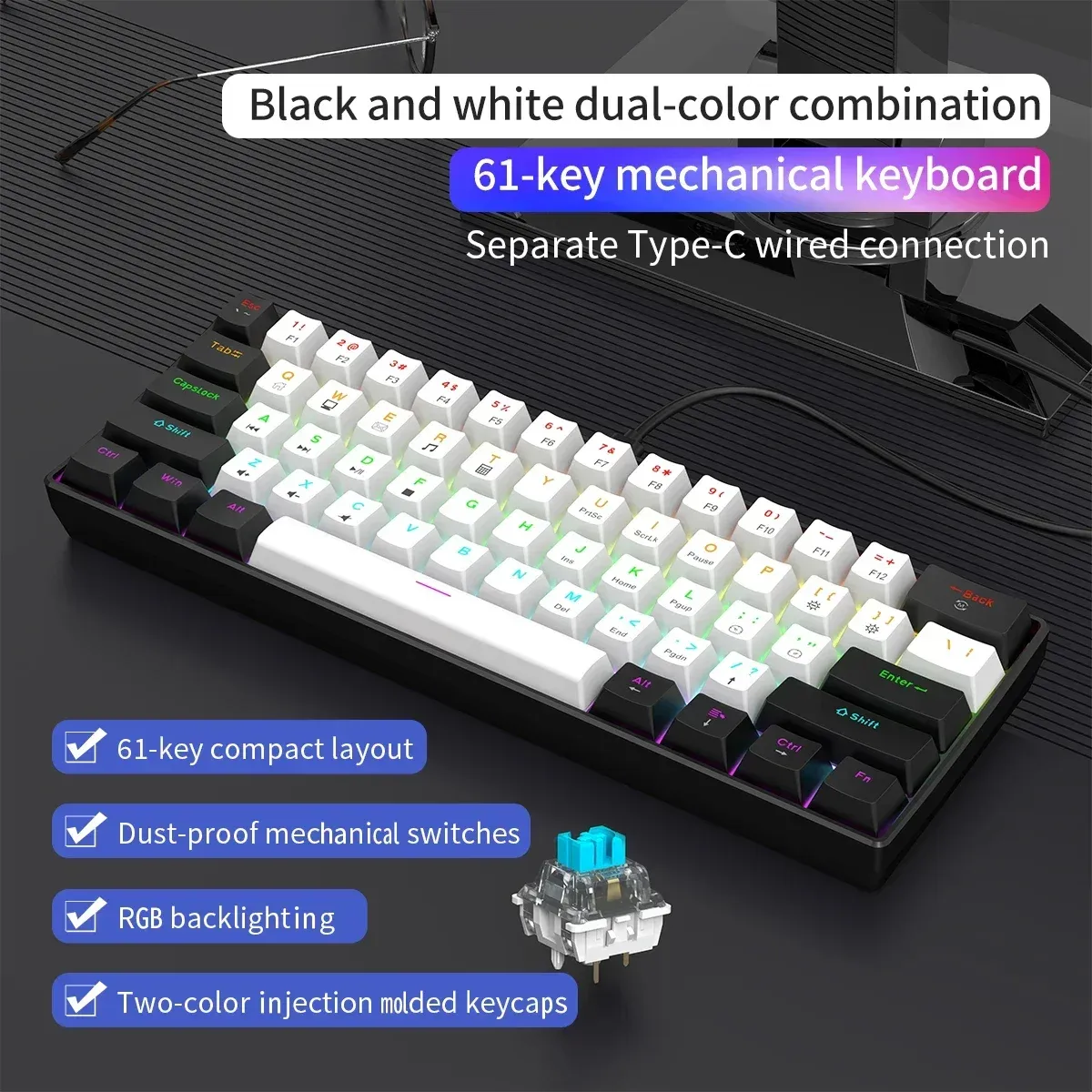 Clavier mécanique de jeu filaire 60 %, rétroéclairage RVB, disposition mini ultra compacte pour joueurs PC/Mac et dactylographes, conception idéale pour les voyages 1