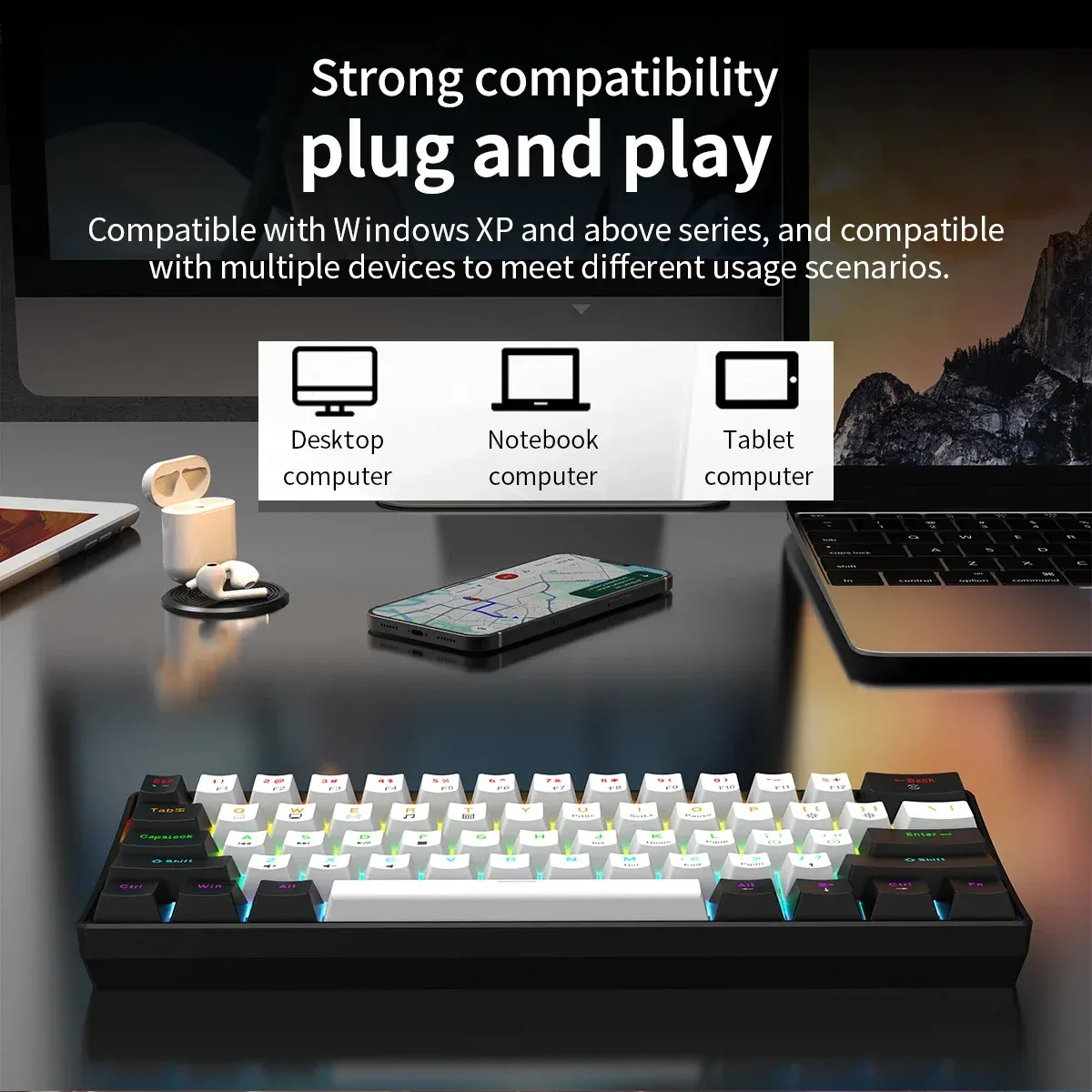 Clavier mécanique de jeu filaire 60 %, rétroéclairage RVB, disposition mini ultra compacte pour joueurs PC/Mac et dactylographes, conception idéale pour les voyages 6