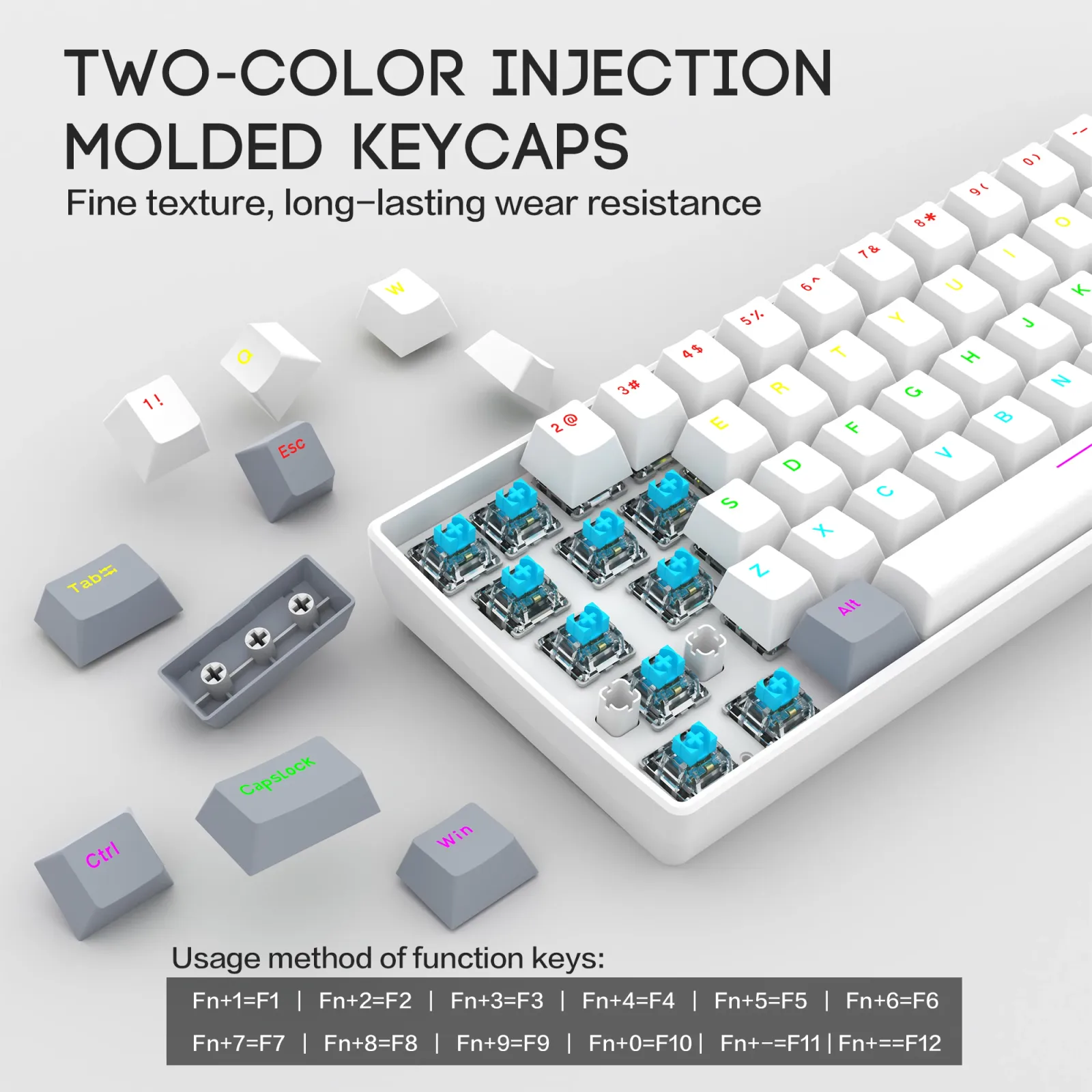 Clavier mécanique 60 %, détail des touches