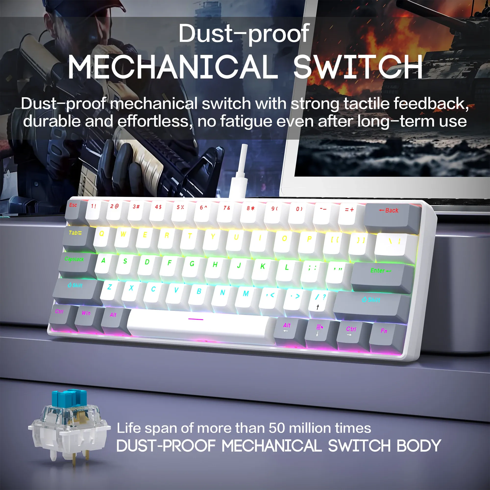 Clavier mécanique de jeu filaire 60 %, rétroéclairage RVB, disposition mini ultra compacte pour joueurs PC/Mac et dactylographes, conception idéale pour les voyages 11