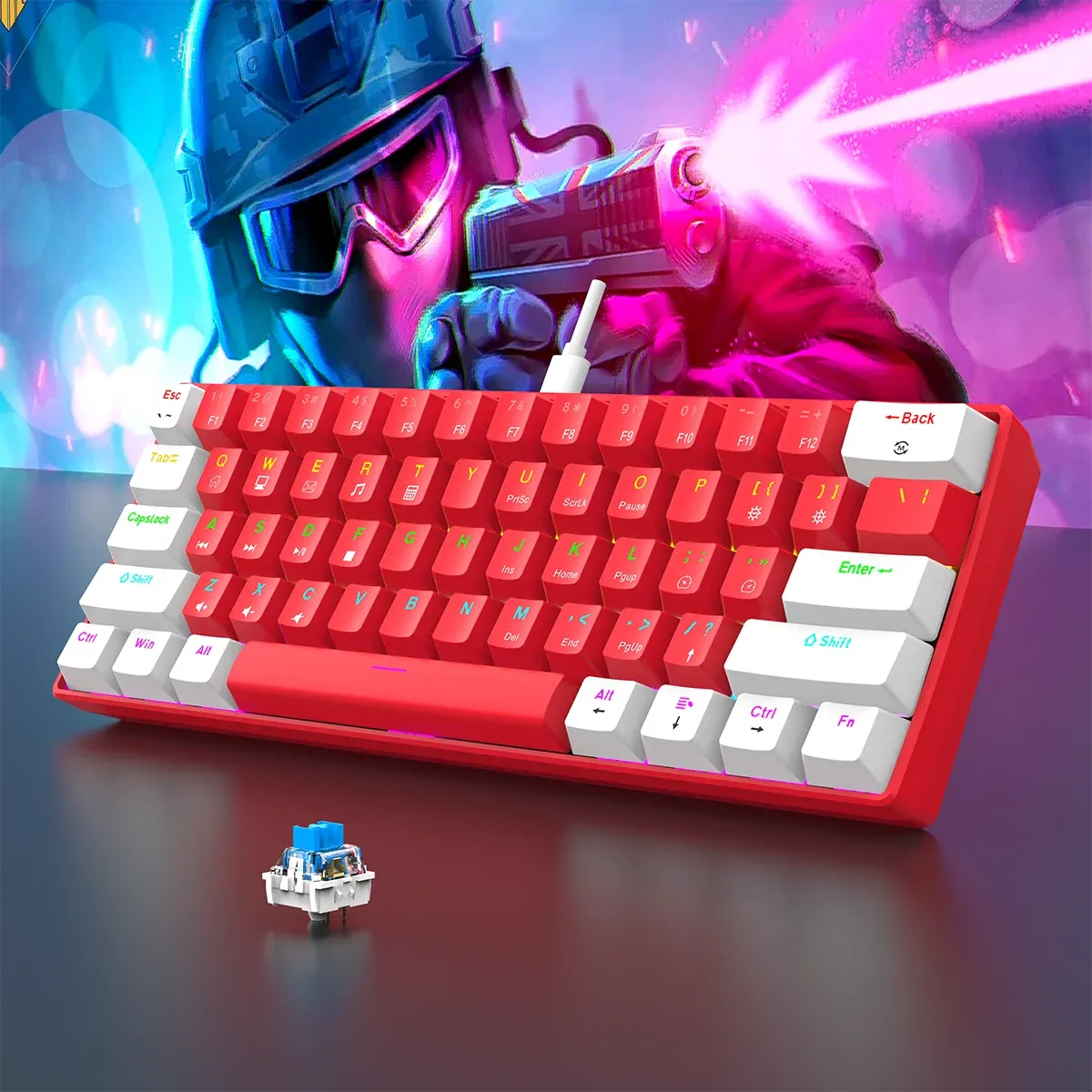 Clavier mécanique de jeu filaire 60 %, rétroéclairage RVB, disposition mini ultra compacte pour joueurs PC/Mac et dactylographes, conception idéale pour les voyages 7