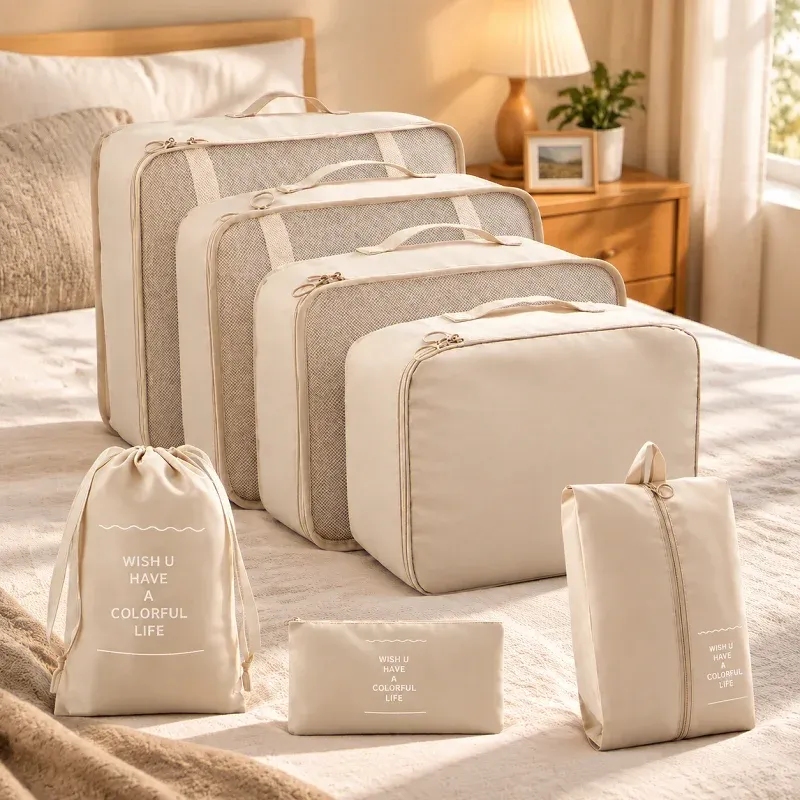 Pochettes de rangement remplies de vêtements pour valise
