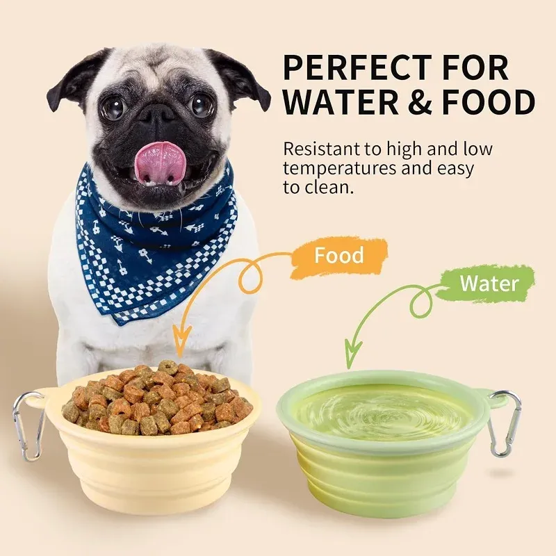 Gamelle pliable 2 en 1 en silicone pour chien et chat, distributeur d'eau et de nourriture avec mousqueton, idéale pour les sorties en plein air 3