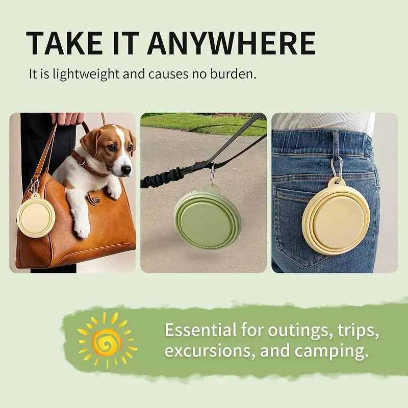 Gamelle pliable 2 en 1 en silicone pour chien et chat, distributeur d'eau et de nourriture avec mousqueton, idéale pour les sorties en plein air 4