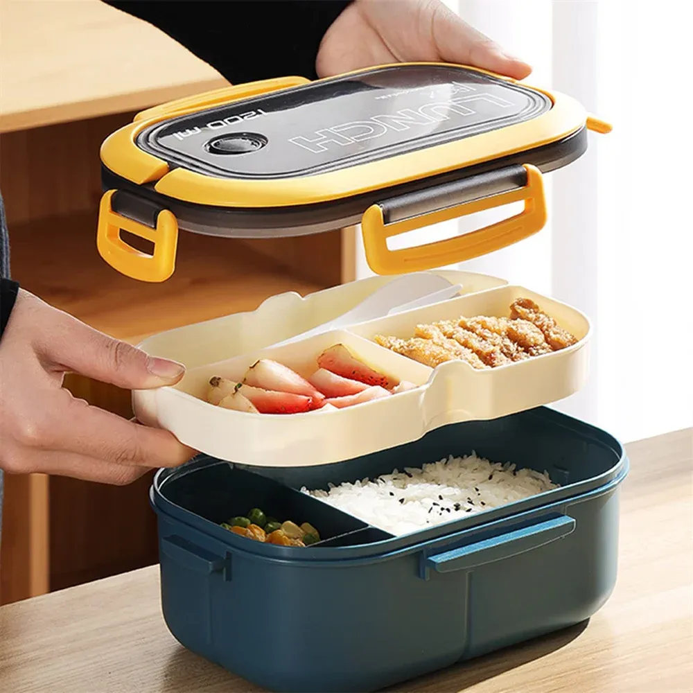 Boîte à déjeuner bento multicouche 1200 ml avec couverts, boîte bento portable pour enfants à compartiments pour le bureau, le camping et l'école