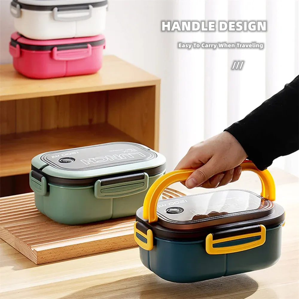 Boîte à déjeuner bento multicouche 1200 ml avec couverts, boîte bento portable pour enfants à compartiments pour le bureau, le camping et l'école 4