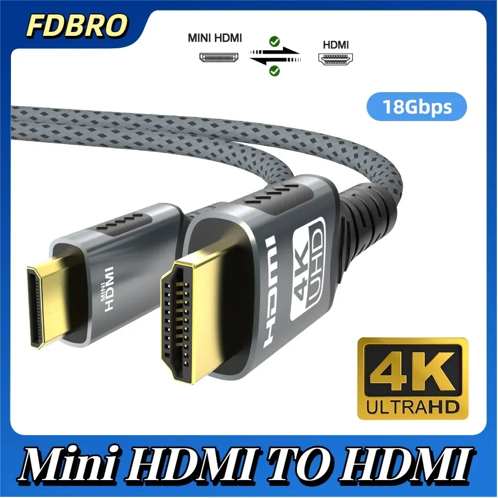 Câble Mini HDMI vers HDMI 4K HD @ 60 Hz, 2K @ 120 Hz, câble tressé haute vitesse compatible HDMI, cordon bidirectionnel 2.0 pour tablette et téléviseur HD