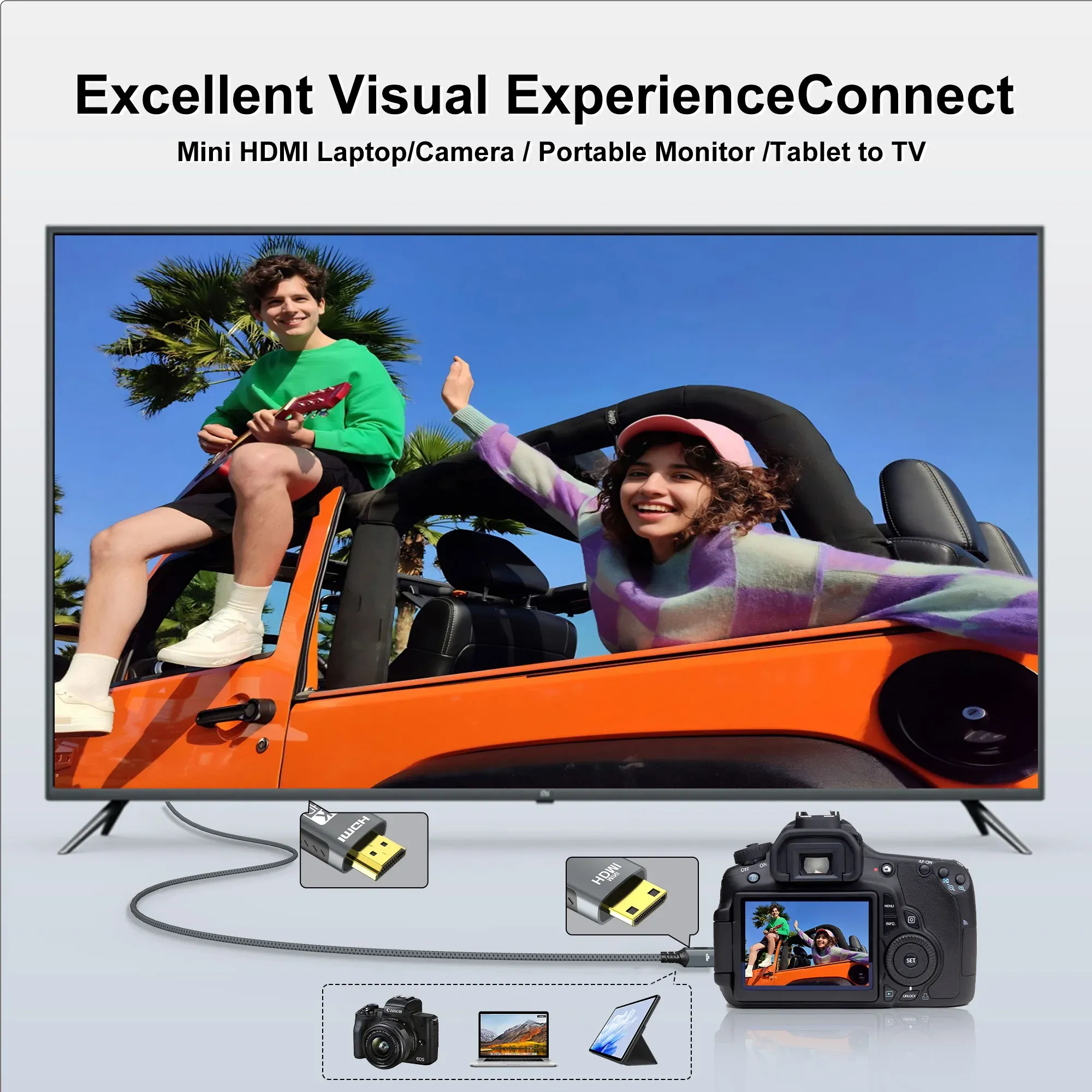 Câble Mini HDMI vers HDMI 4K HD @ 60 Hz, 2K @ 120 Hz, câble tressé haute vitesse compatible HDMI, cordon bidirectionnel 2.0 pour tablette et téléviseur HD 5
