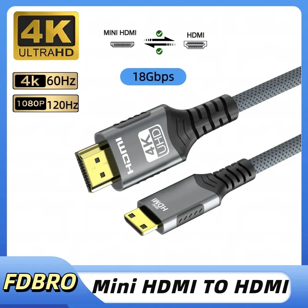 Câble Mini HDMI vers HDMI 4K HD @ 60 Hz, 2K @ 120 Hz, câble tressé haute vitesse compatible HDMI, cordon bidirectionnel 2.0 pour tablette et téléviseur HD 8