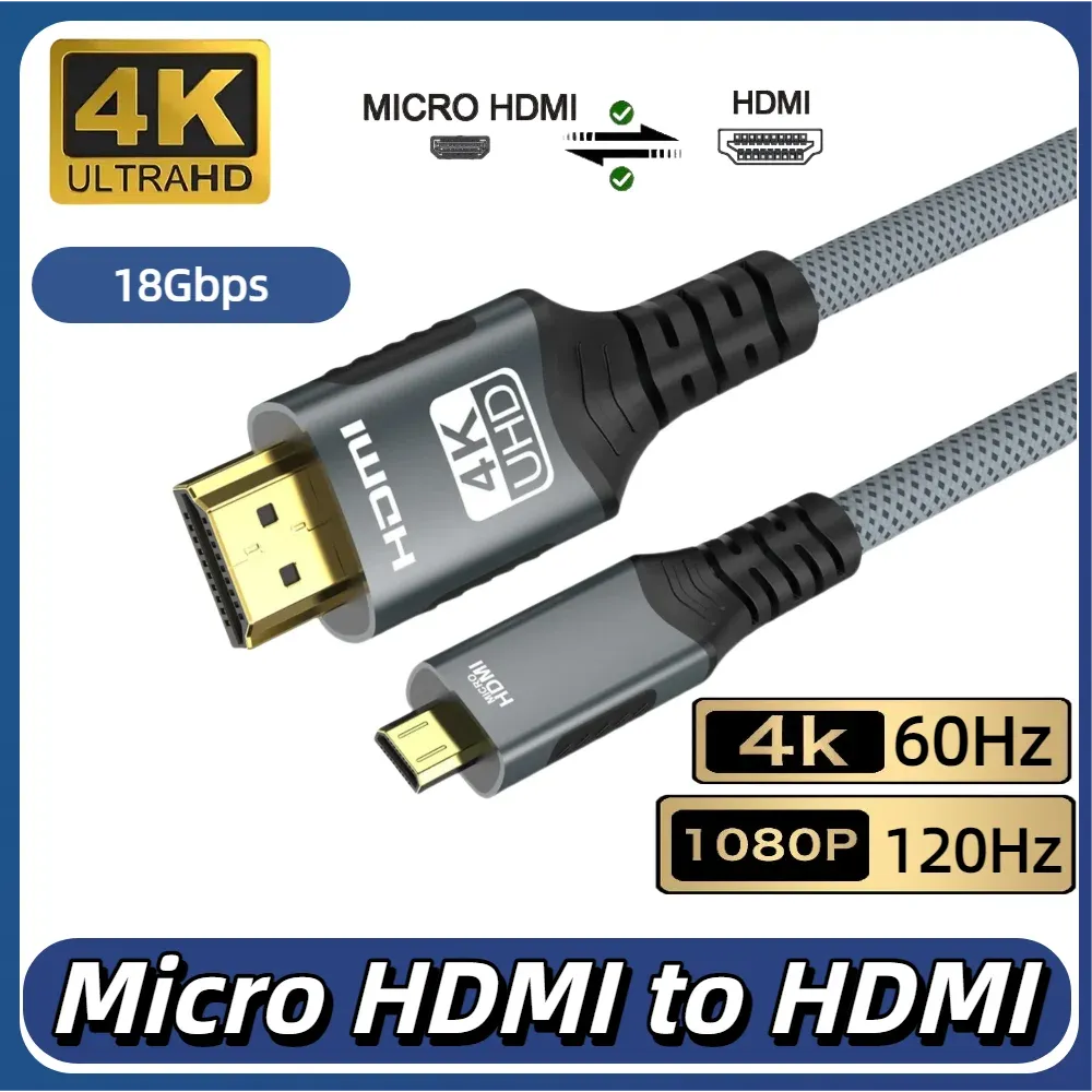 Câble Mini HDMI vers HDMI 4K HD @ 60 Hz, 2K @ 120 Hz, câble tressé haute vitesse compatible HDMI, cordon bidirectionnel 2.0 pour tablette et téléviseur HD 7