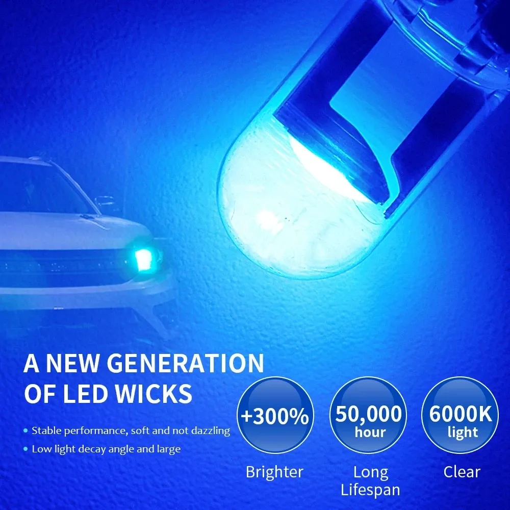 10 ampoules LED W5W T10 COB pour intérieur de voiture, éclairage de plaque d'immatriculation et de dôme, lumière de lecture, verre, blanc glacé, bleu, jaune, 12 V 3
