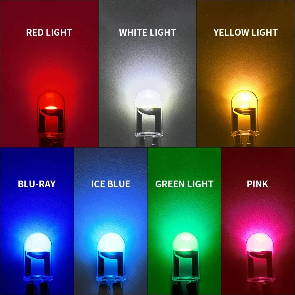 10 ampoules LED W5W T10 COB pour intérieur de voiture, éclairage de plaque d'immatriculation et de dôme, lumière de lecture, verre, blanc glacé, bleu, jaune, 12 V 4