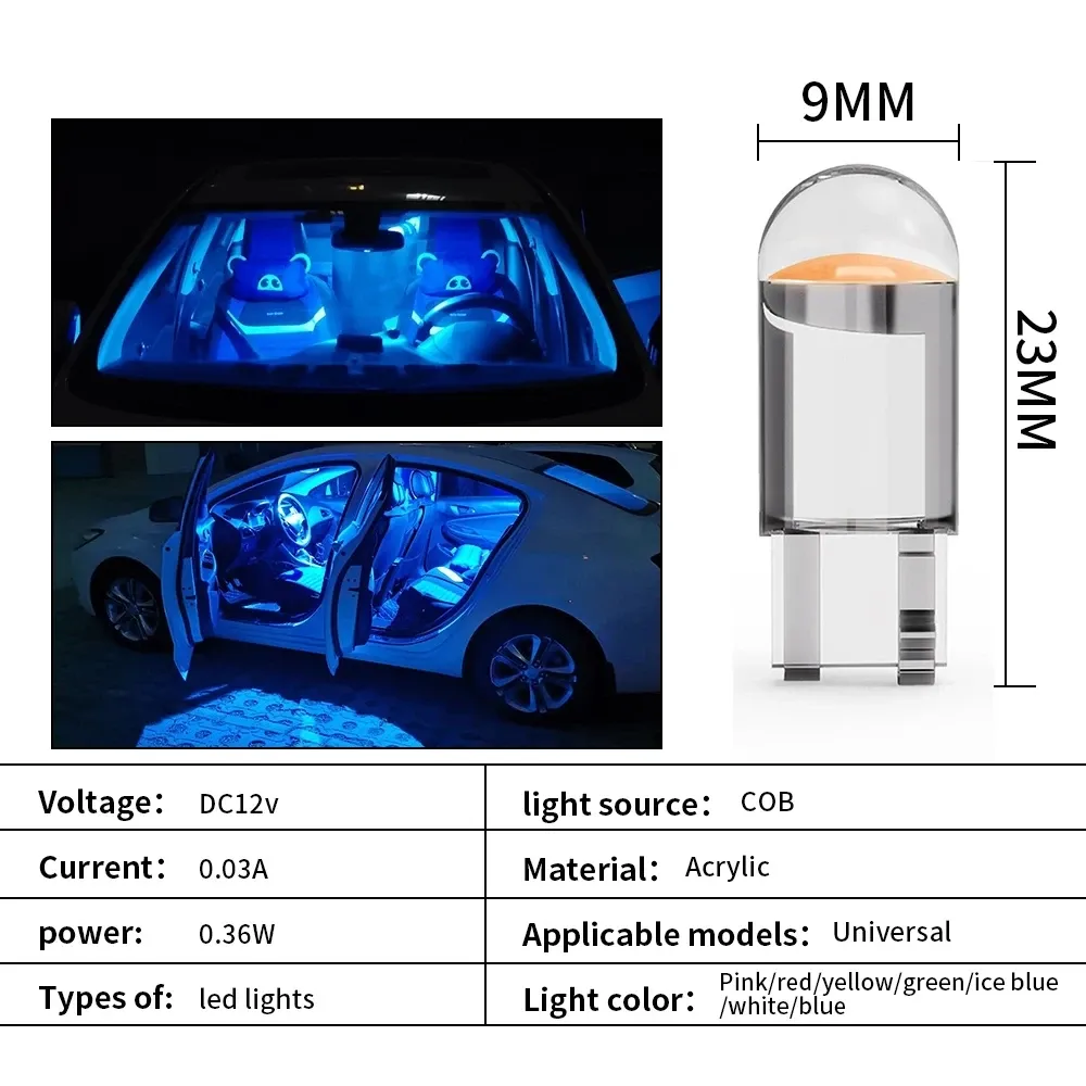 10 ampoules LED W5W T10 COB pour intérieur de voiture, éclairage de plaque d'immatriculation et de dôme, lumière de lecture, verre, blanc glacé, bleu, jaune, 12 V 6