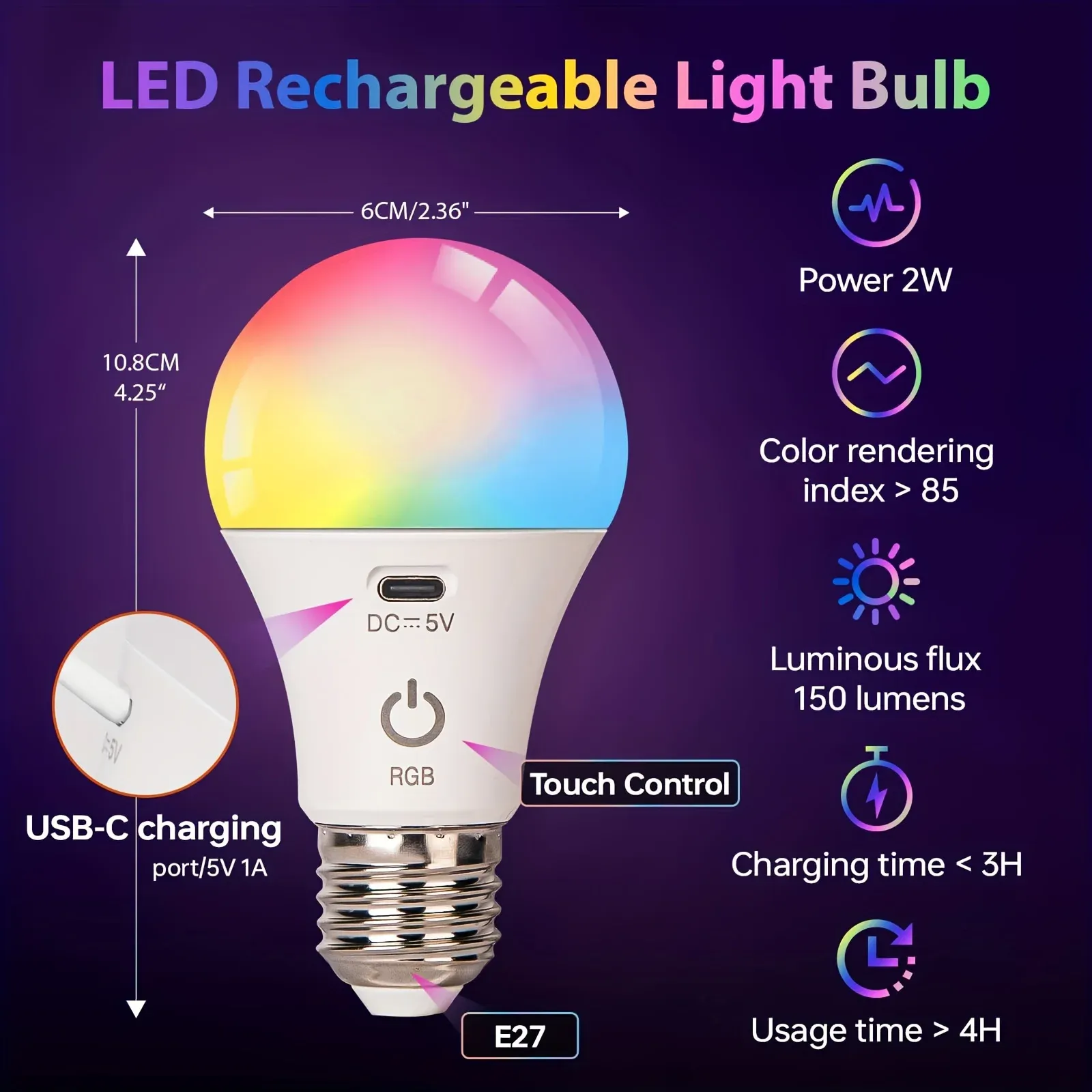 Ampoule rechargeable RGB à intensité variable avec télécommande, minuterie et éclairage de secours, culot E27, pour intérieur et extérieur 2