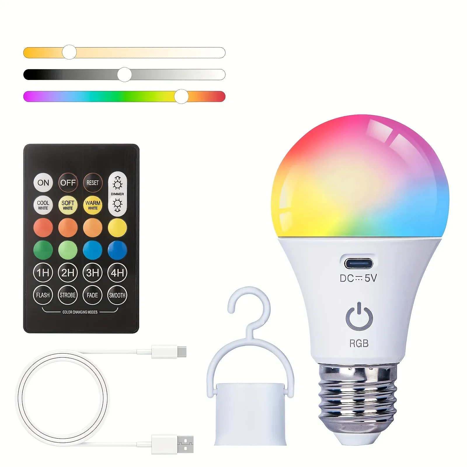 Ampoule rechargeable RGB à intensité variable avec télécommande, minuterie et éclairage de secours, culot E27, pour intérieur et extérieur