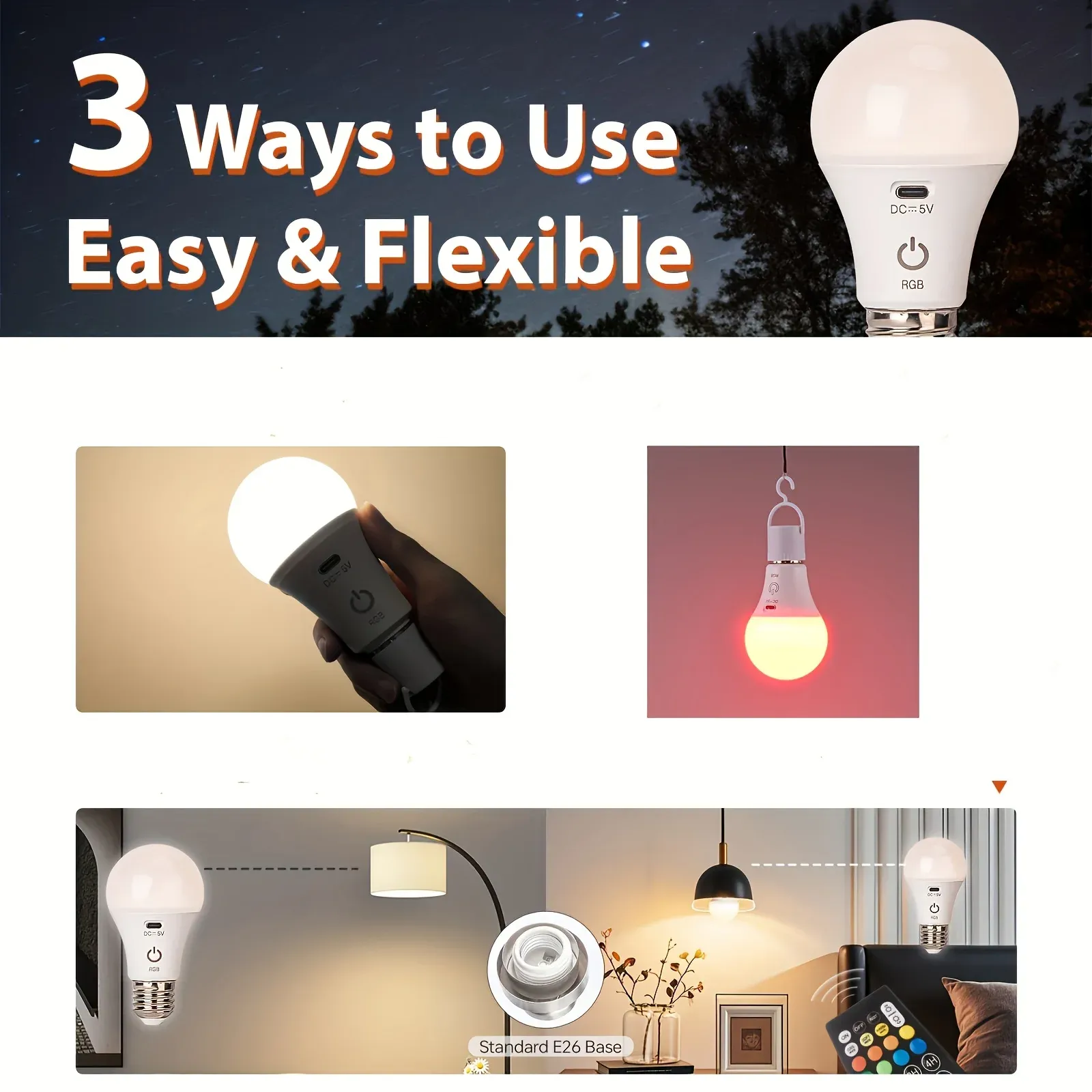 Ampoule rechargeable RGB à intensité variable avec télécommande, minuterie et éclairage de secours, culot E27, pour intérieur et extérieur 4