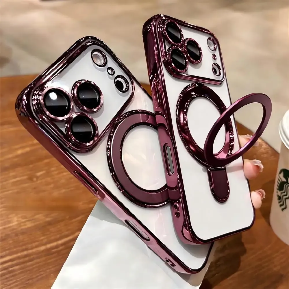 Coque de luxe compatible MagSafe pour iPhone 12 à 18 Pro Max et Plus, avec support magnétique à anneau, coque transparente en acrylique 6