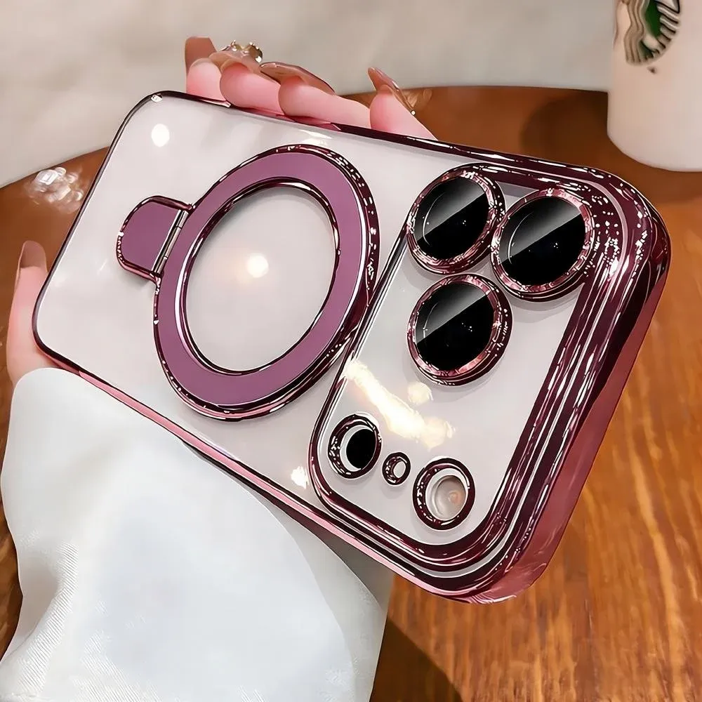 Coque de luxe compatible MagSafe pour iPhone 12 à 18 Pro Max et Plus, avec support magnétique à anneau, coque transparente en acrylique 11