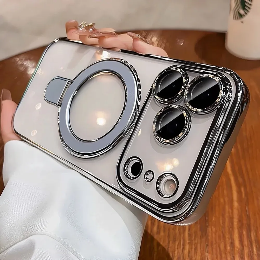 Coque de luxe compatible MagSafe pour iPhone 12 à 18 Pro Max et Plus, avec support magnétique à anneau, coque transparente en acrylique 9