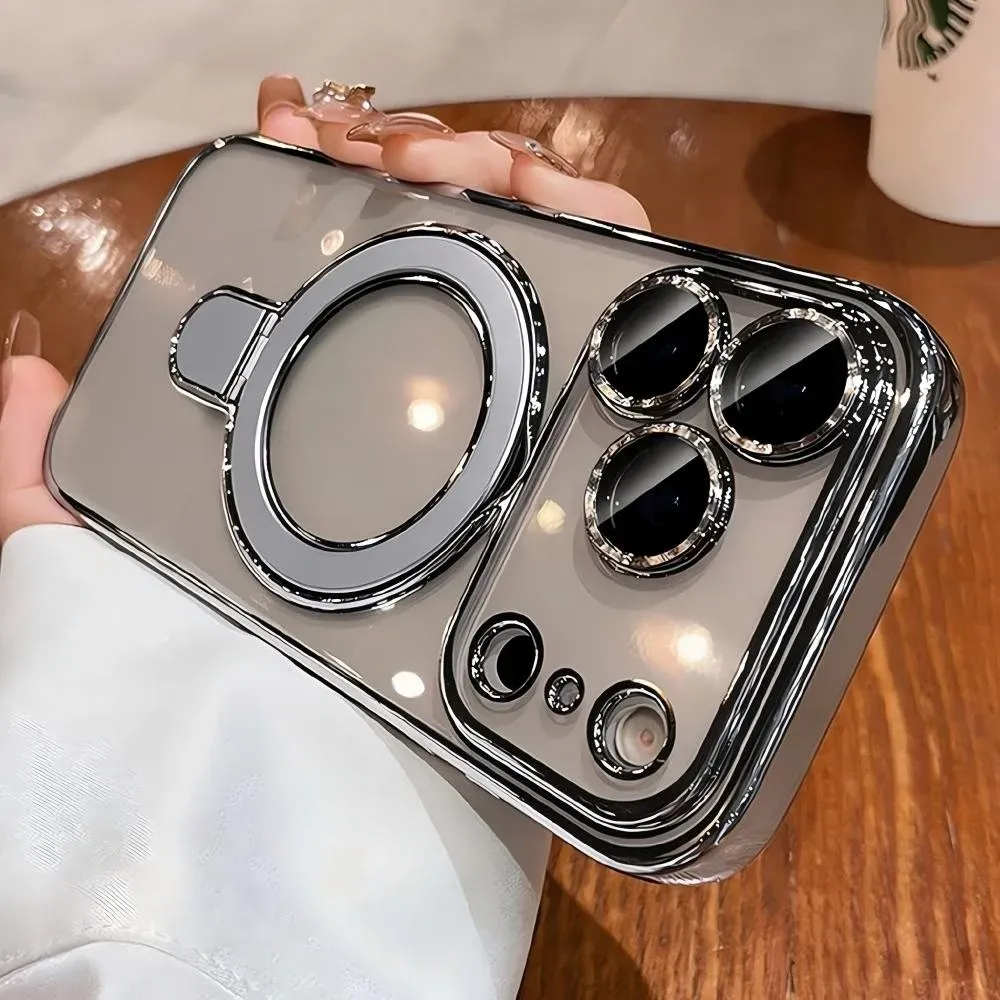 Coque de luxe compatible MagSafe pour iPhone 12 à 18 Pro Max et Plus, avec support magnétique à anneau, coque transparente en acrylique 14