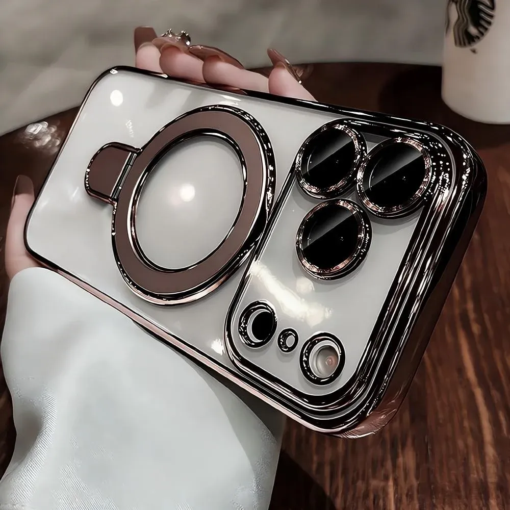 Coque de luxe compatible MagSafe pour iPhone 12 à 18 Pro Max et Plus, avec support magnétique à anneau, coque transparente en acrylique 15