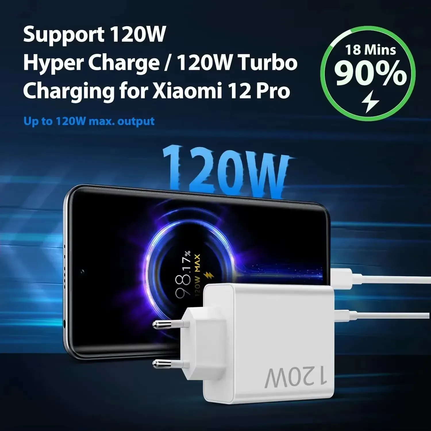 Chargeur rapide USB 120 W avec câble USB-C Turbo 6 A pour Xiaomi, Redmi et POCO 4