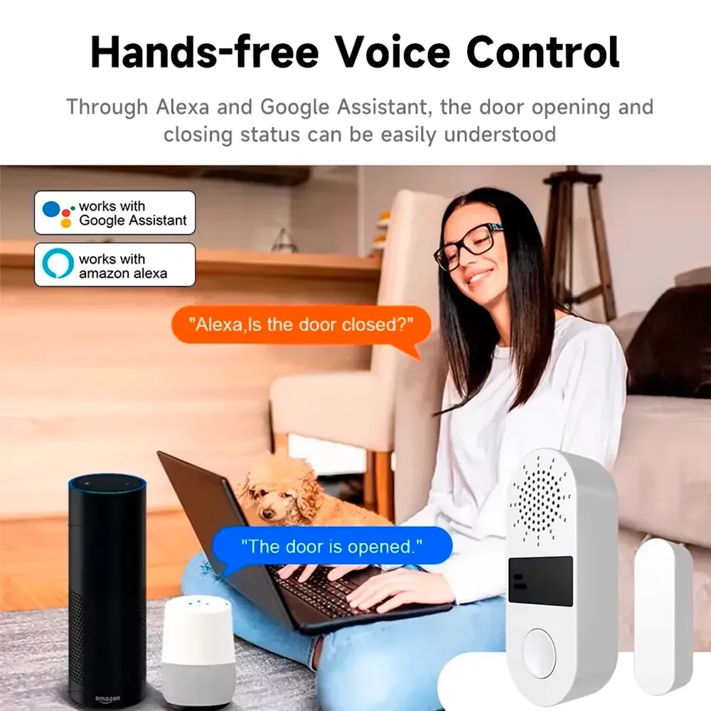 Capteur de porte intelligent Tuya WiFi, alarme sonore et lumineuse 130 dB, sans fil, compatible Smart Life et Alexa pour maison connectée, notifications en temps réel 2