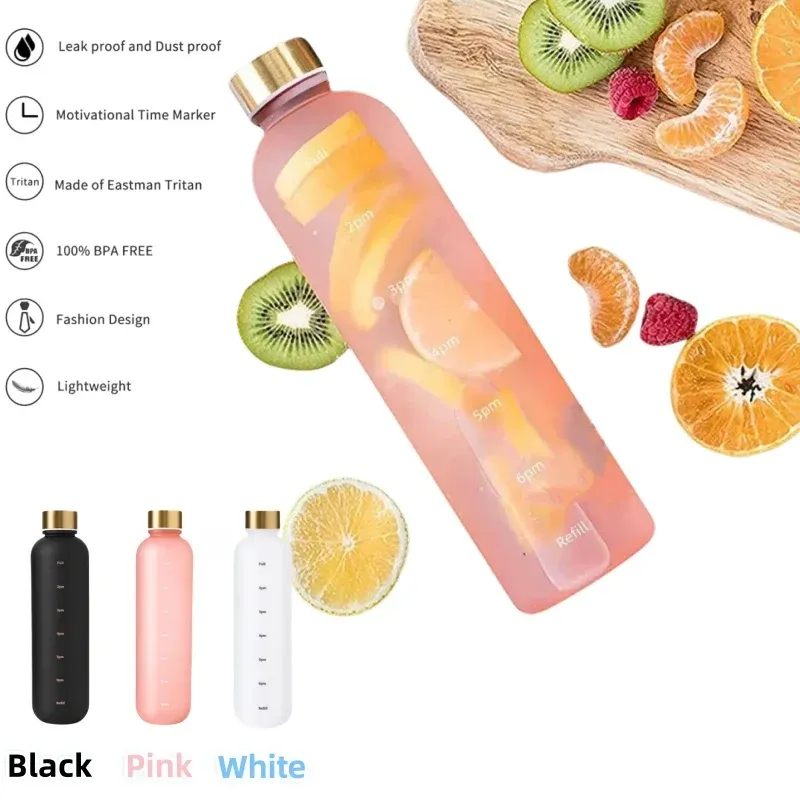Bouteille d'eau de 1000 ml avec marqueur de temps, motivante, réutilisable, idéale pour le fitness, les sports de plein air, les voyages et le cyclisme, étanche, sans BPA, givrée