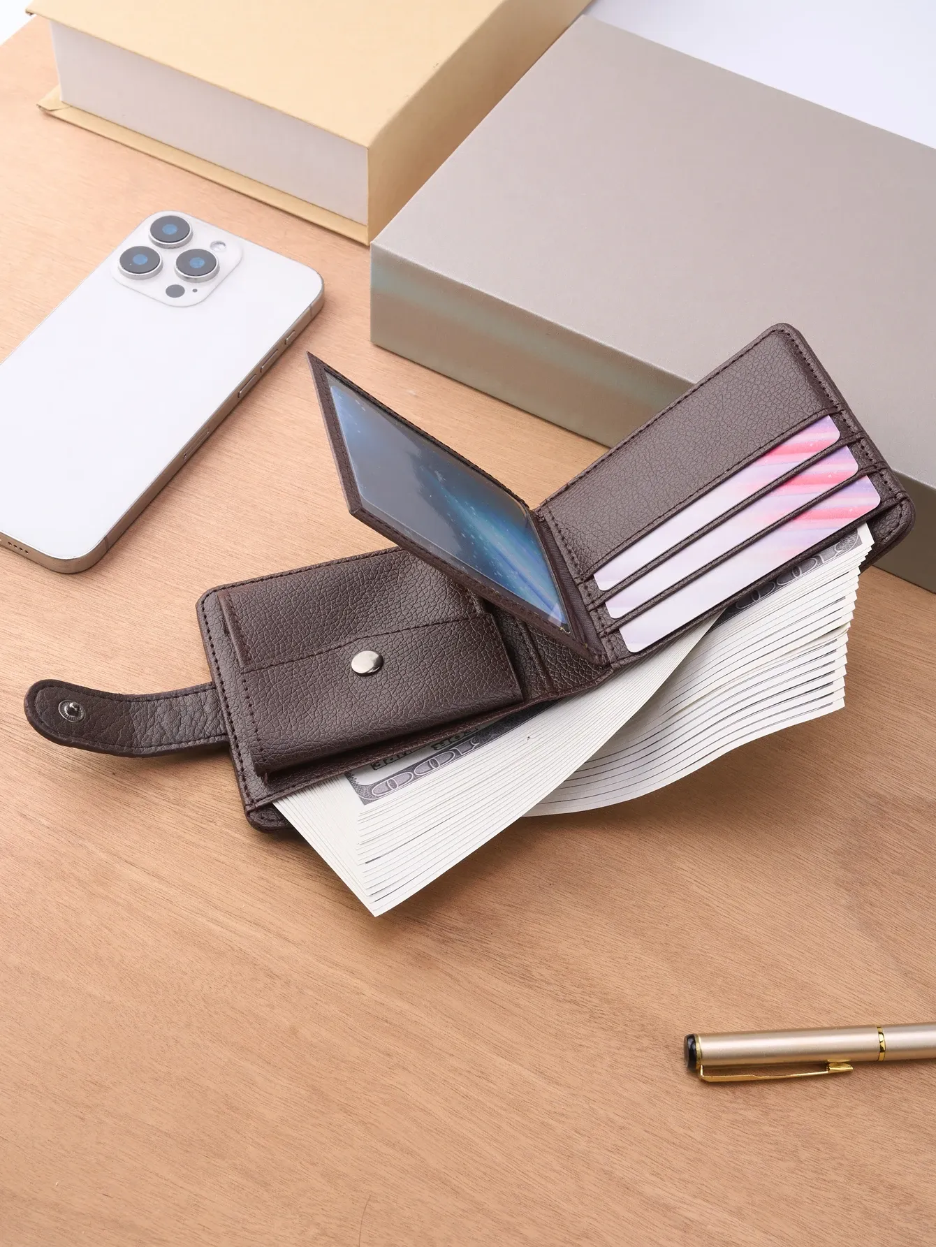 Portefeuille court en cuir pour homme avec fermeture éclair, porte-cartes et porte-monnaie 4