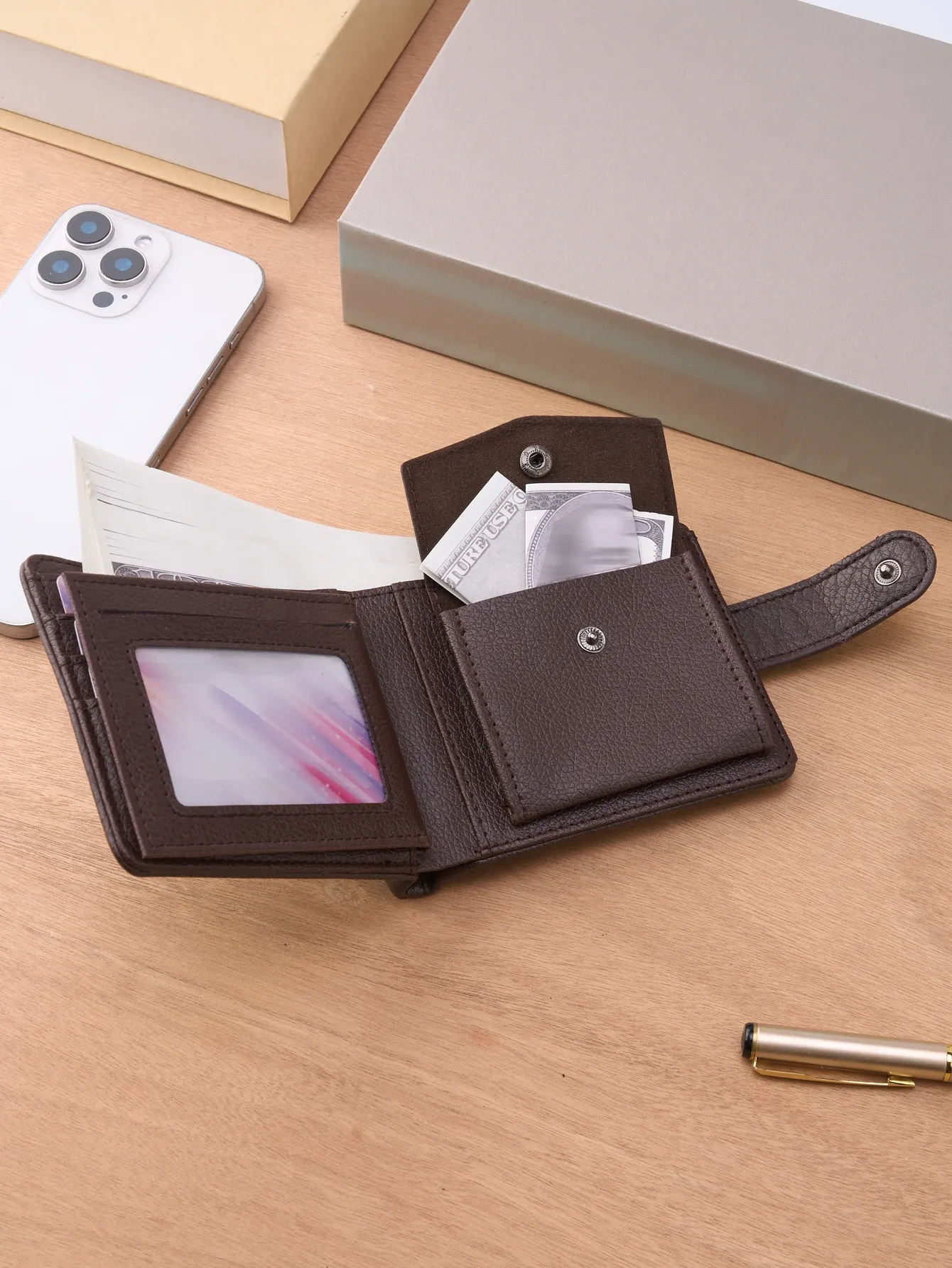 Portefeuille court en cuir pour homme avec fermeture éclair, porte-cartes et porte-monnaie 5