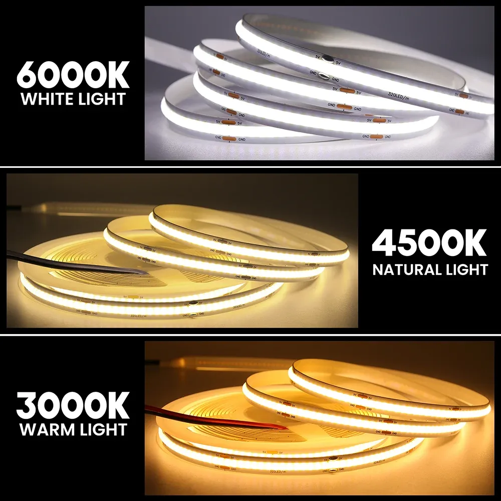 Ruban LED COB PCB, largeur 3 mm, 5 mm, 8 mm, 5 V, 12 V, 24 V, 320 LED/m, ruban souple haute luminosité, blanc neutre chaud, rouge, vert, bleu, 0,5 m, 5 m 2