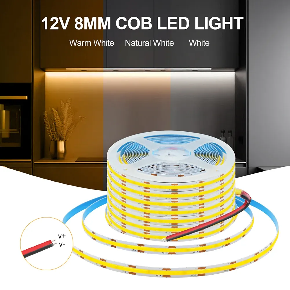 Ruban LED COB PCB, largeur 3 mm, 5 mm, 8 mm, 5 V, 12 V, 24 V, 320 LED/m, ruban souple haute luminosité, blanc neutre chaud, rouge, vert, bleu, 0,5 m, 5 m 3