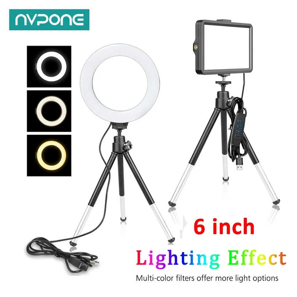 Panneau LED RVB pour vidéo et photographie, kit d'éclairage de studio avec trépied annulaire 6 pouces