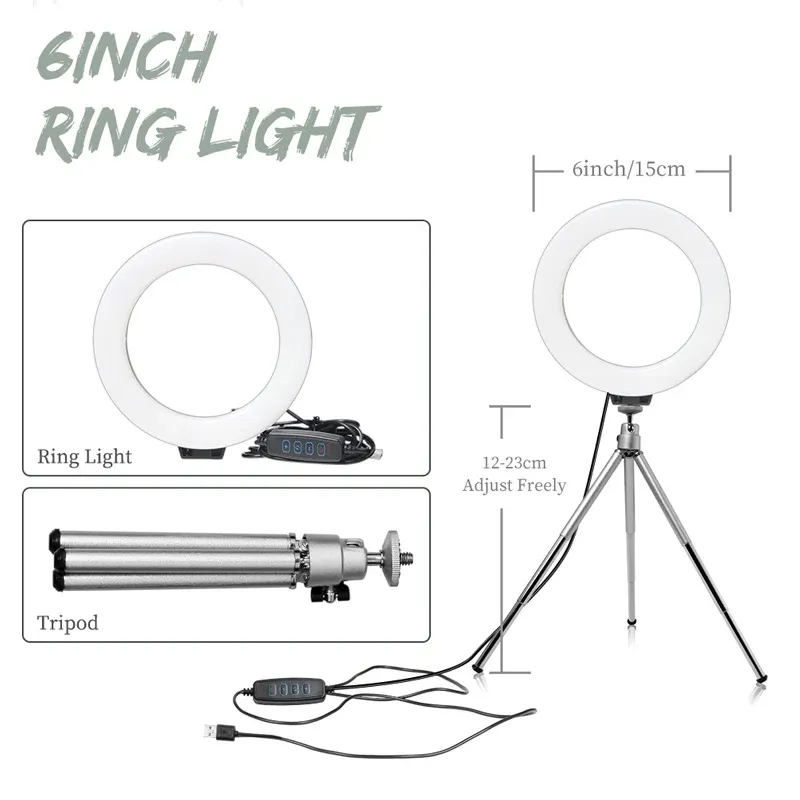 Panneau LED RVB pour vidéo et photographie, kit d'éclairage de studio avec trépied annulaire 6 pouces 8