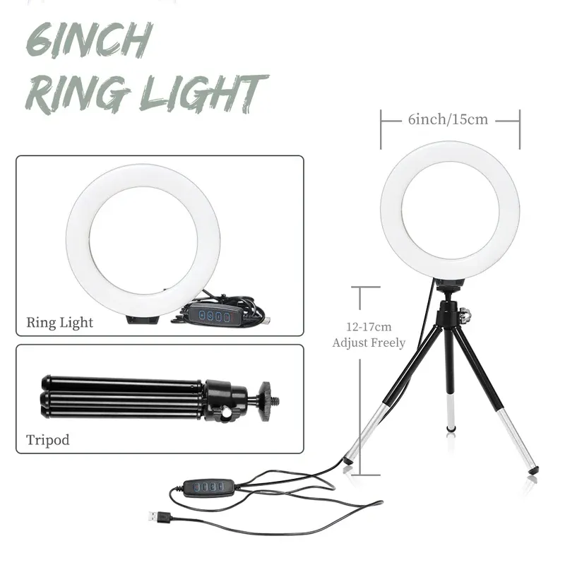 Panneau LED RVB pour vidéo et photographie, kit d'éclairage de studio avec trépied annulaire 6 pouces 7